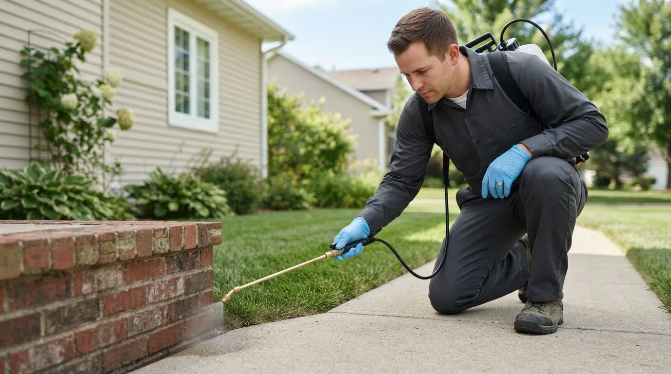 Pest control technician treating a home near Fresh Meadows, NY